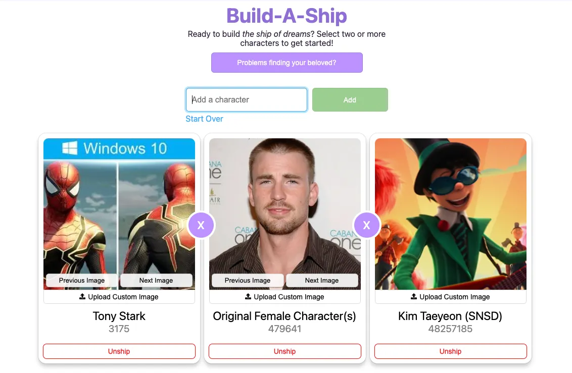 A screenshot of RobinBoob's characters selection screen. There are
3 characters currently selected: Tony Stark (represented by a picture of 
spiderman and a windows 10 logo above it), Original Female character
(represented by a picture of a male celebrity), and Kim Taeyeon (represented 
by a picture of the Once-ler).
