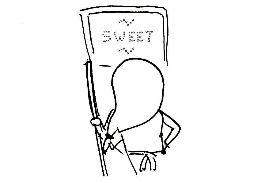 A sketch of Terminal looking at a cross-stitch that says “[tilde] sweet [tilde]”.
